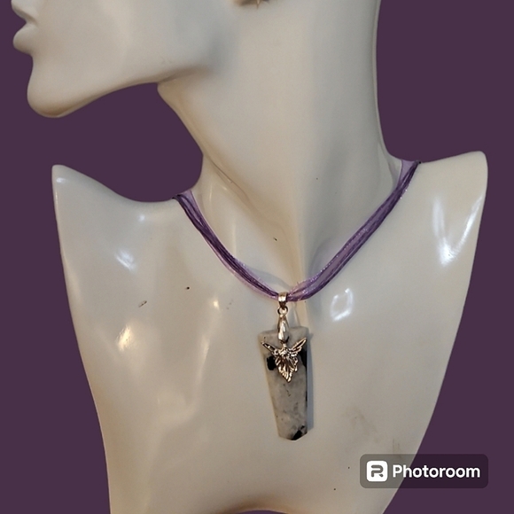 3/$30 Rainbow Moonstone Angel Pendant Ribbon Necklace - Picture 1 of 5